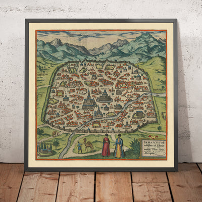 Old Map of Damascus by Braun & Hogenberg, 1599: Fortified Walls, Mosques, Via Recta, Mountains, Waterways