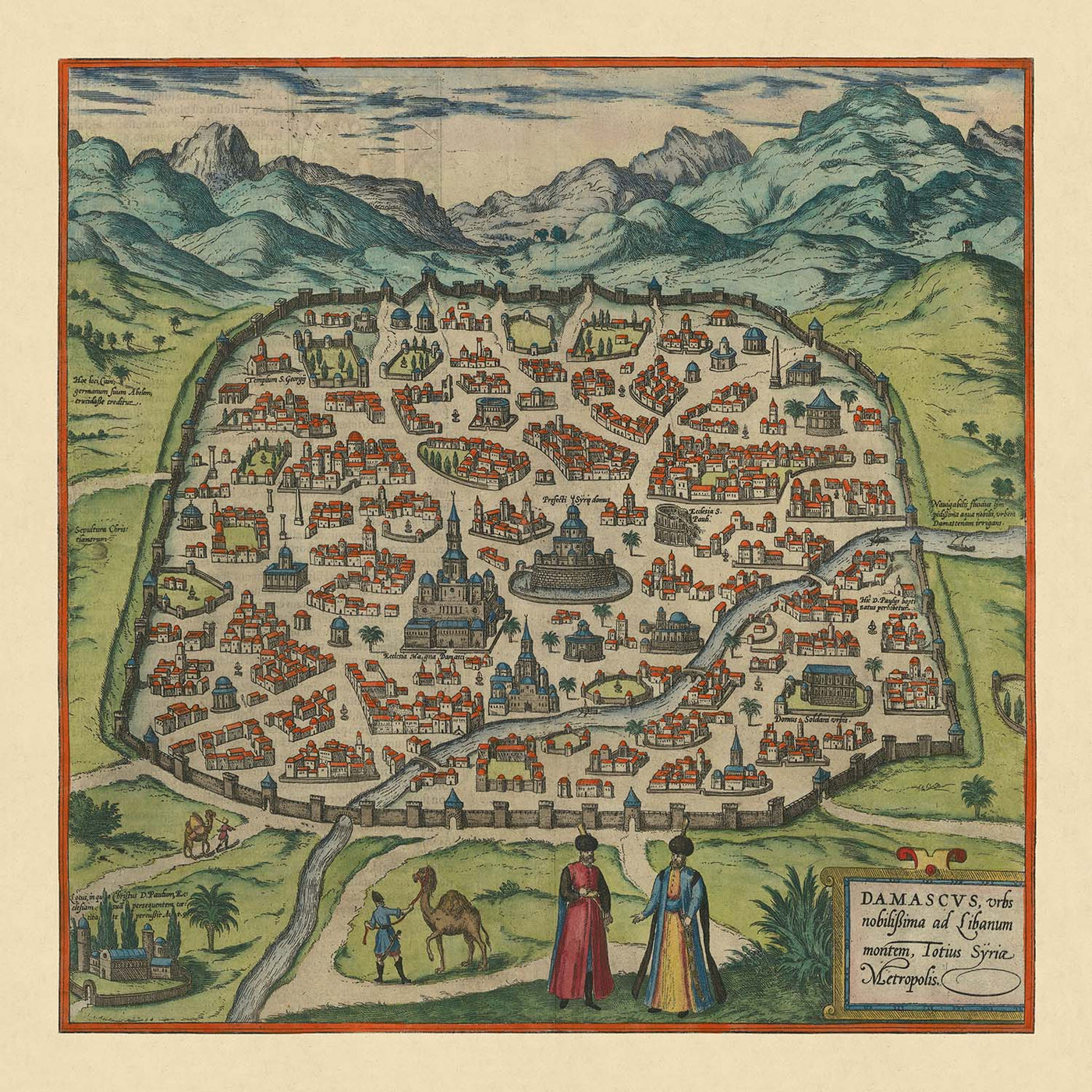 Antiguo mapa a vista de pájaro de Damasco por Braun & Hogenberg, 1599: murallas fortificadas, mezquitas, vía Recta, montañas, vías navegables