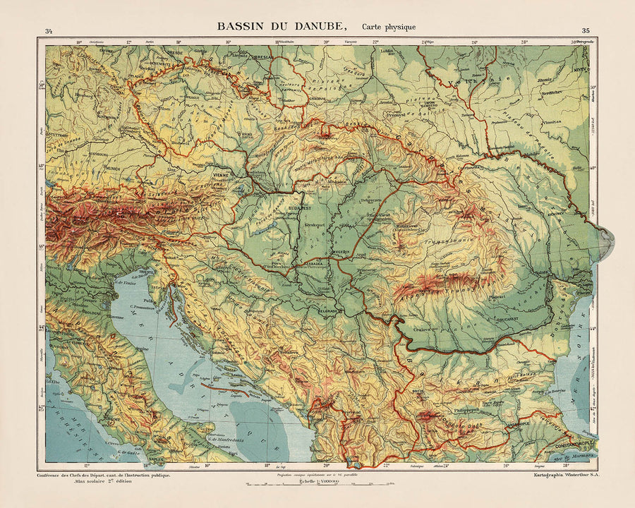 Old Map of the Danube River in Europe by Kartographia Winterthur, 1921: Munich, Vienna, Belgrade, Budapest, Bucharest
