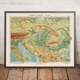 Alte Karte der Donau in Europa von Kartographia Winterthur, 1921: München, Wien, Belgrad, Budapest, Bukarest 