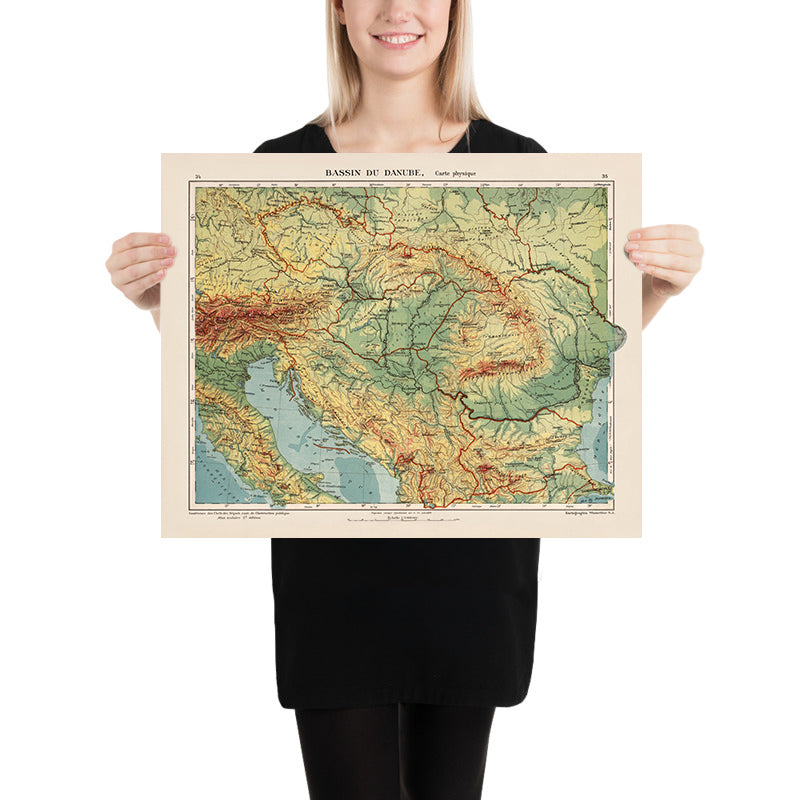 Mapa antiguo de Europa central y oriental de Kartographia Winterthur, 1921: río Danubio, Munich, Viena, Belgrado, Budapest, Bucarest