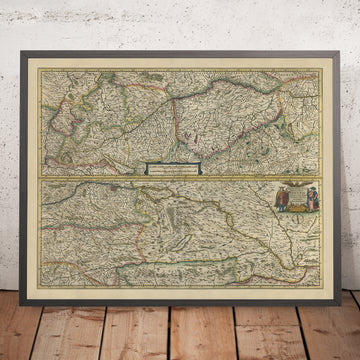 Old Map of the Danube River in Europe by Mercator and Hondius, 1633: Vienna, Budapest, Belgrade, Alps, Hungary