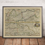 Ancienne carte du fleuve Danube en Europe par Mercator et Hondius, 1633 : Vienne, Budapest, Belgrade, Alpes, Hongrie 