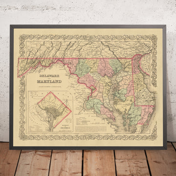 Mapa antiguo de Delaware, Maryland y Washington DC por JH Colton, 1859: Wilmington, Baltimore, Annapolis, Dover