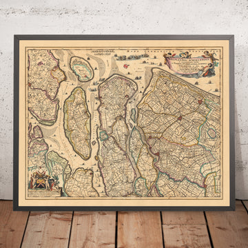 Alte Karte von Delfland und Schieland von Visscher, 1690: Den Haag, Rotterdam, Delft, Hellevoetsluis, Ridderkerk 