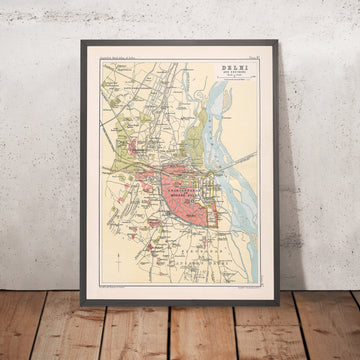 Mapa antiguo de Delhi por Bartolomé, 1893: Shahjahanabad, Jumma Musjid, río Yamuna, Puerta de Delhi, Puerta de Cachemira