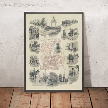 Ancienne carte picturale de Delhi Durbar par Wymer, 1911 : Pavillon de couronnement, parc, Kingsway, régiments, éléphants 