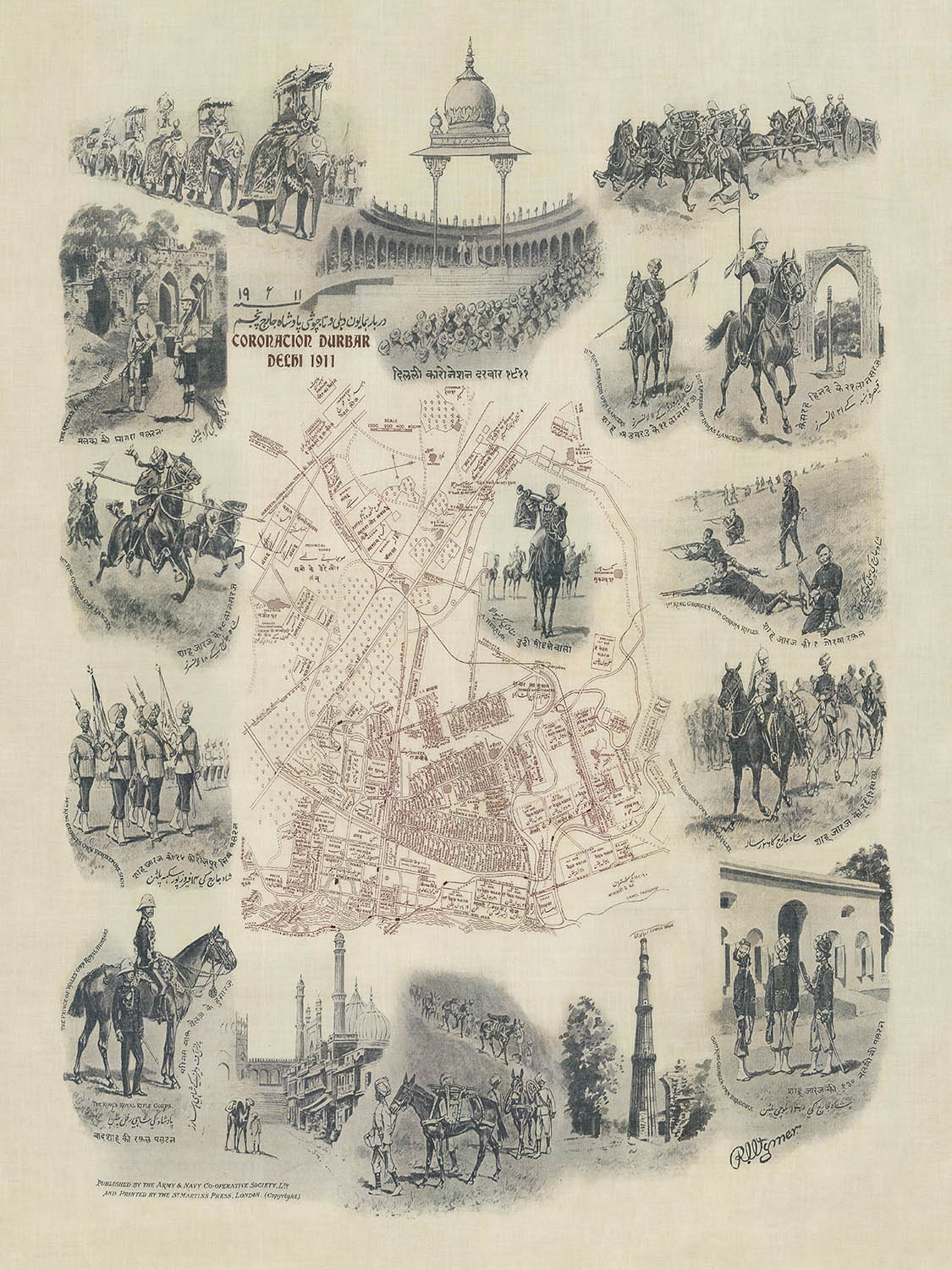 Old Pictorial Map of Delhi Durbar by Wymer, 1911: Coronation Pavilion, Park, Kingsway, Regiments, Elephants