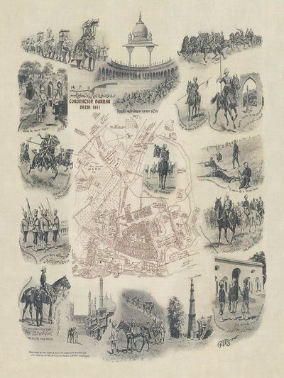 Old Pictorial Map of Delhi Durbar by Wymer, 1911: Coronation Pavilion, Park, Kingsway, Regiments, Elephants