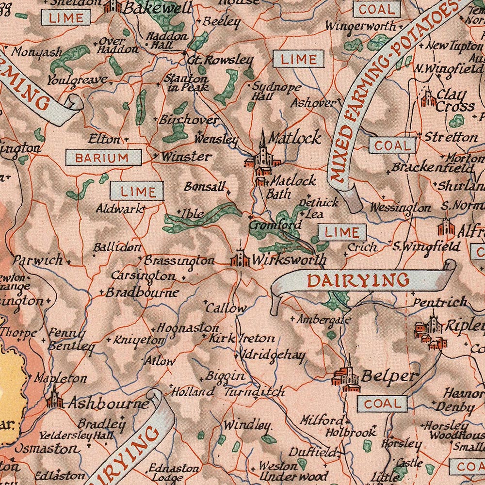 Mapa ilustrado antiguo de Derbyshire realizado por Clegg en 1946: Derby, Chatsworth, Kedleston, Hardwick y Haddon