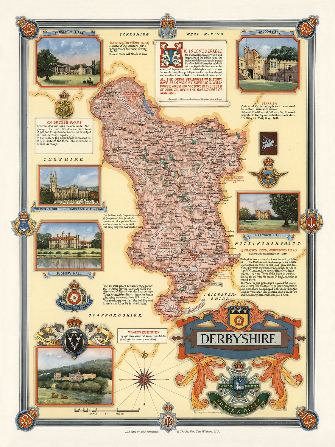 Ancienne carte illustrée du Derbyshire par Clegg, 1946 : Derby, Chatsworth, Kedleston, Hardwick, Haddon