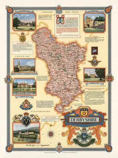 Mapa ilustrado antiguo de Derbyshire realizado por Clegg en 1946: Derby, Chatsworth, Kedleston, Hardwick y Haddon