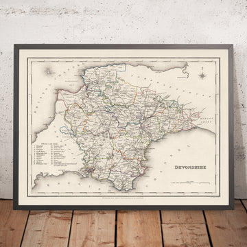 Antigua mapa de Devon por Samuel Lewis, 1844: Exeter, Plymouth, Torquay, Paignton y Barnstaple 