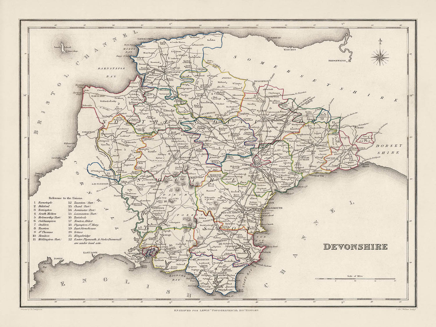 Antigua mapa de Devon por Samuel Lewis, 1844: Exeter, Plymouth, Torquay, Paignton y Barnstaple 
