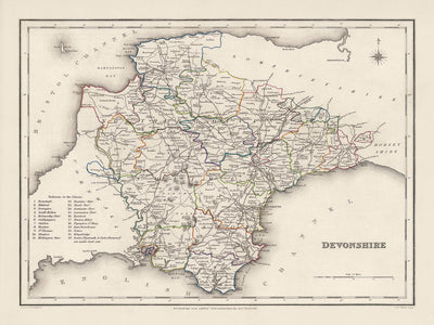 Antigua mapa de Devon por Samuel Lewis, 1844: Exeter, Plymouth, Torquay, Paignton y Barnstaple 