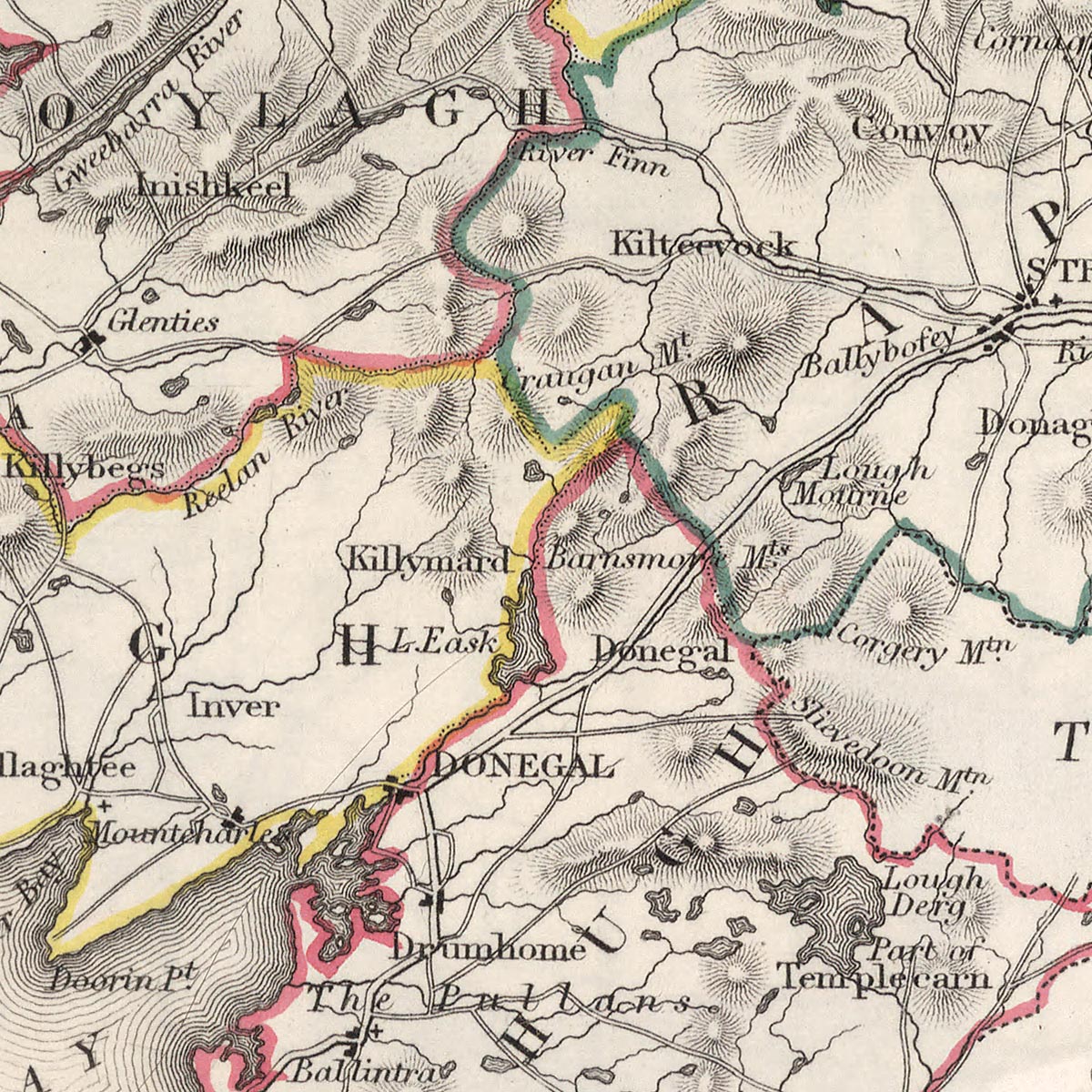 Ancienne carte du comté de Donegal par Samuel Lewis, 1844 : Ballyshannon, Letterkenny, Dunfanaghy, Killybegs, Parc national de Glenveagh 