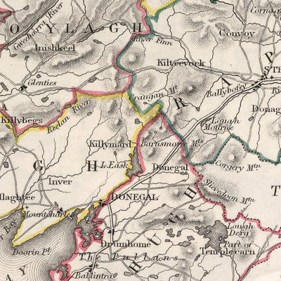 Ancienne carte du comté de Donegal par Samuel Lewis, 1844 : Ballyshannon, Letterkenny, Dunfanaghy, Killybegs, Parc national de Glenveagh 