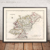 Ancienne carte du comté de Donegal par Samuel Lewis, 1844 : Ballyshannon, Letterkenny, Dunfanaghy, Killybegs, Parc national de Glenveagh 