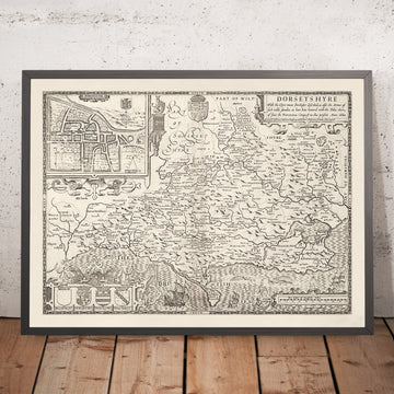 Mappa antica del Dorset nel 1611 di John Speed - Poole, Weymouth, Dorchester, Bridport, Lyme Regis 