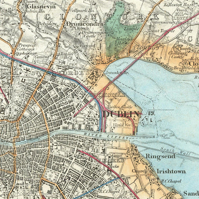 Ancienne carte de Dublin, 1868 : Phoenix Park, Drumcondra, châteaux, rivières, Meath