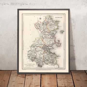 Mapa antiguo del condado de Dublín de Samuel Lewis, 1844: Balbriggan, Swords, Malahide, Skerries, Liffey