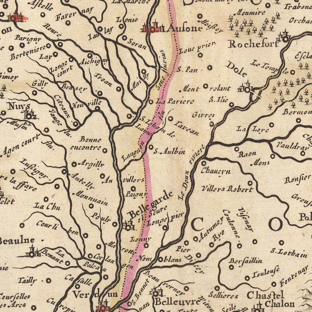 Alte Karte von Burgund, Frankreich von Visscher, 1690: Dijon, Besançon, Chalon-sur-Saône, Belfort, Parc naturel régional du Morvan
