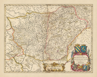 Mapa antiguo de Borgoña, Francia por Visscher, 1690: Dijon, Besançon, Chalon-sur-Saône, Belfort, Parc natural regional du Morvan
