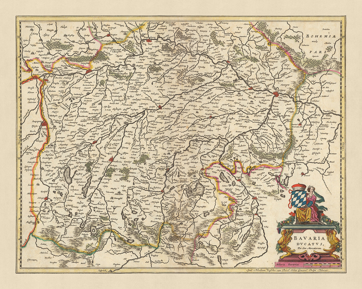 Ancienne carte du duché de Bavière par Visscher, 1690 : Ratisbonne, Ingolstadt, Munich, Augsbourg, Zugspitze