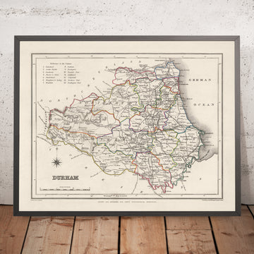 Alte Karte von Durham von Samuel Lewis, 1844: Sunderland, Stockton-on-Tees, Hartlepool, Bishop Auckland, Darlington 
