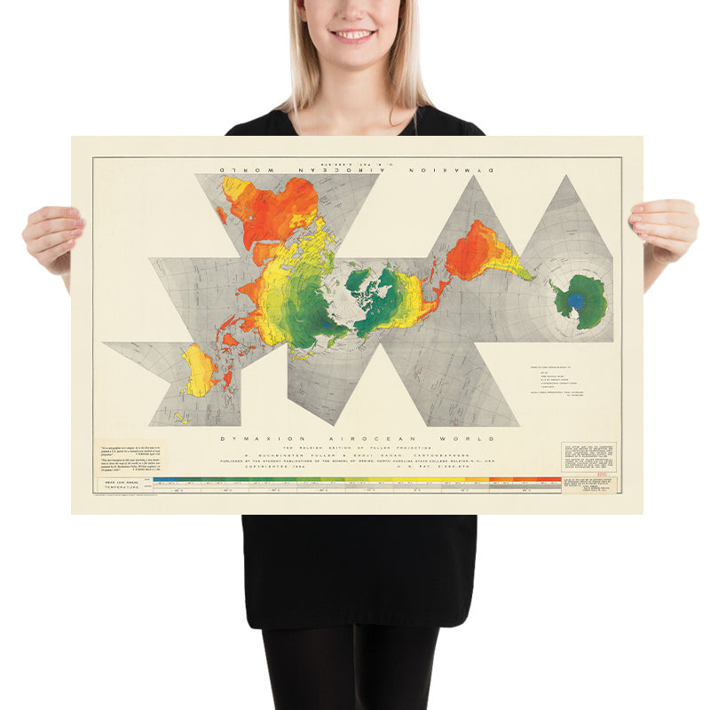 Carte du vieux monde de Dymaxion Airocean par Fuller, 1954 : projection icosaédrique, Terre à une île, inscrite