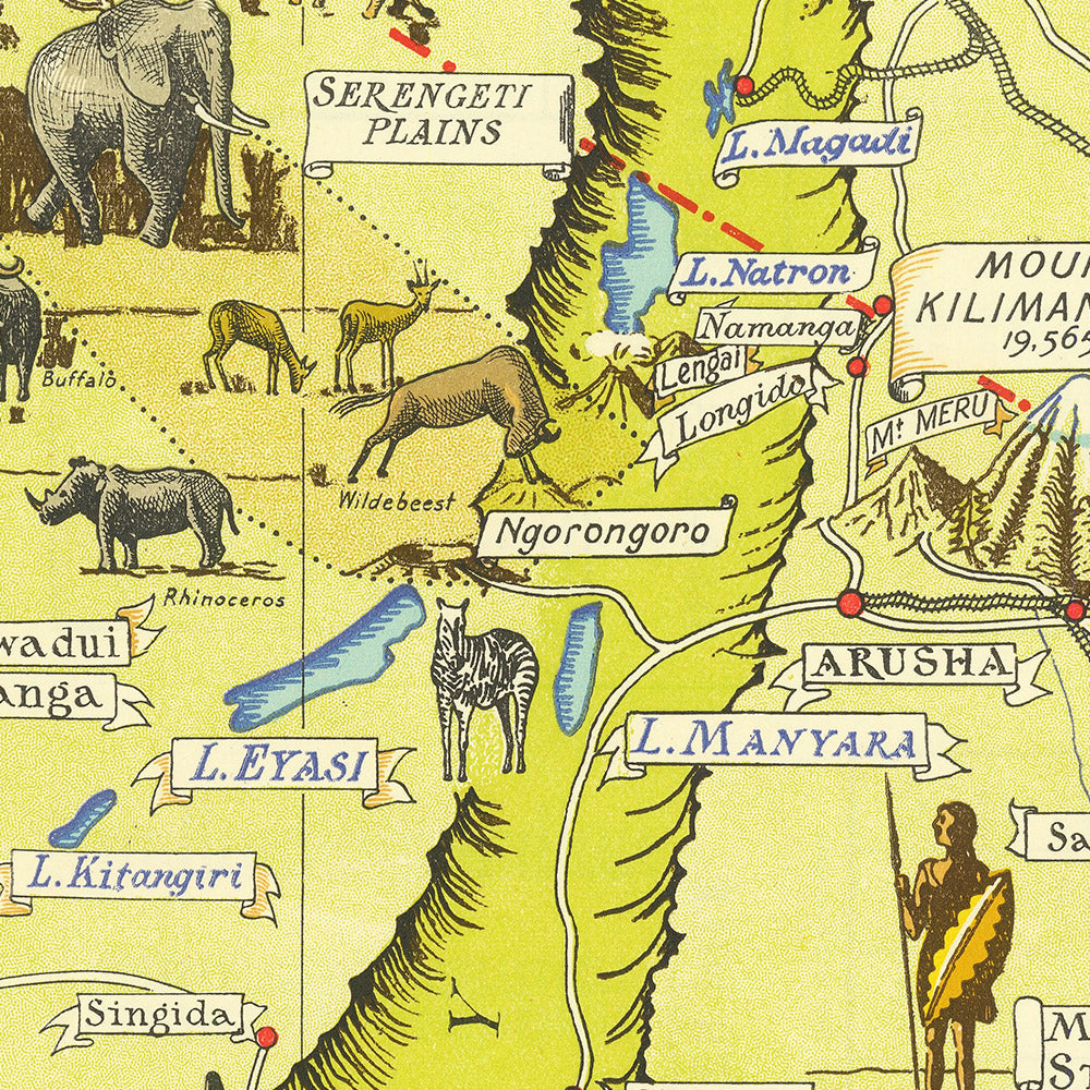 Ancienne carte picturale de l'Afrique de l'Est par Mathews, 1949 : Serengeti, Kilimandjaro, Victoria, Vallée du Rift, Faune