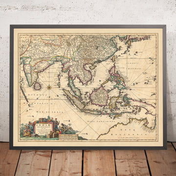 Mapa antiguo de las Indias Orientales por Visscher, 1690: Sudeste Asiático, Asia del Sur, Sur de China, Territorio del Norte, Himalayas 