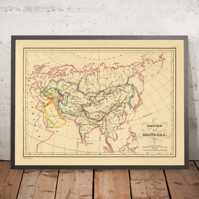 Ancienne carte de l'Empire mongol par Malte-Brun, 1837 : Karakorum, Route de la soie, Perse, Inde, Chine