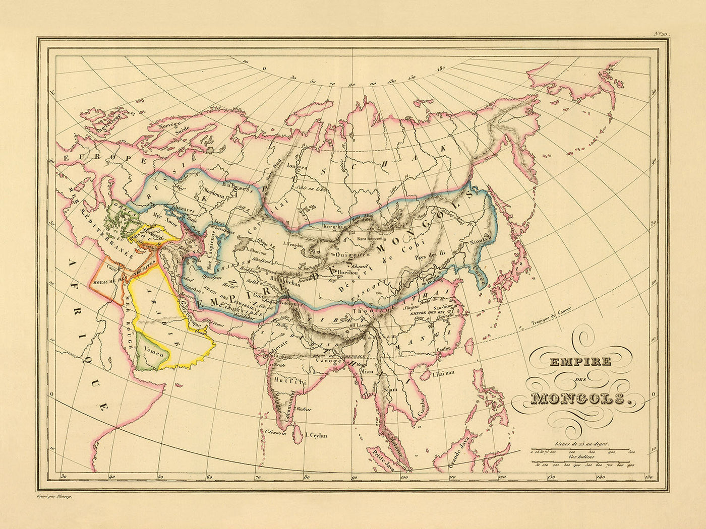 Ancienne carte de l'Empire mongol par Malte-Brun, 1837 : Karakorum, Route de la soie, Perse, Inde, Chine