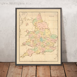 Ancienne carte simple du comté d'Angleterre et du pays de Galles par Arrowsmith, 1818 : comtés codés par couleur et villes de comté 