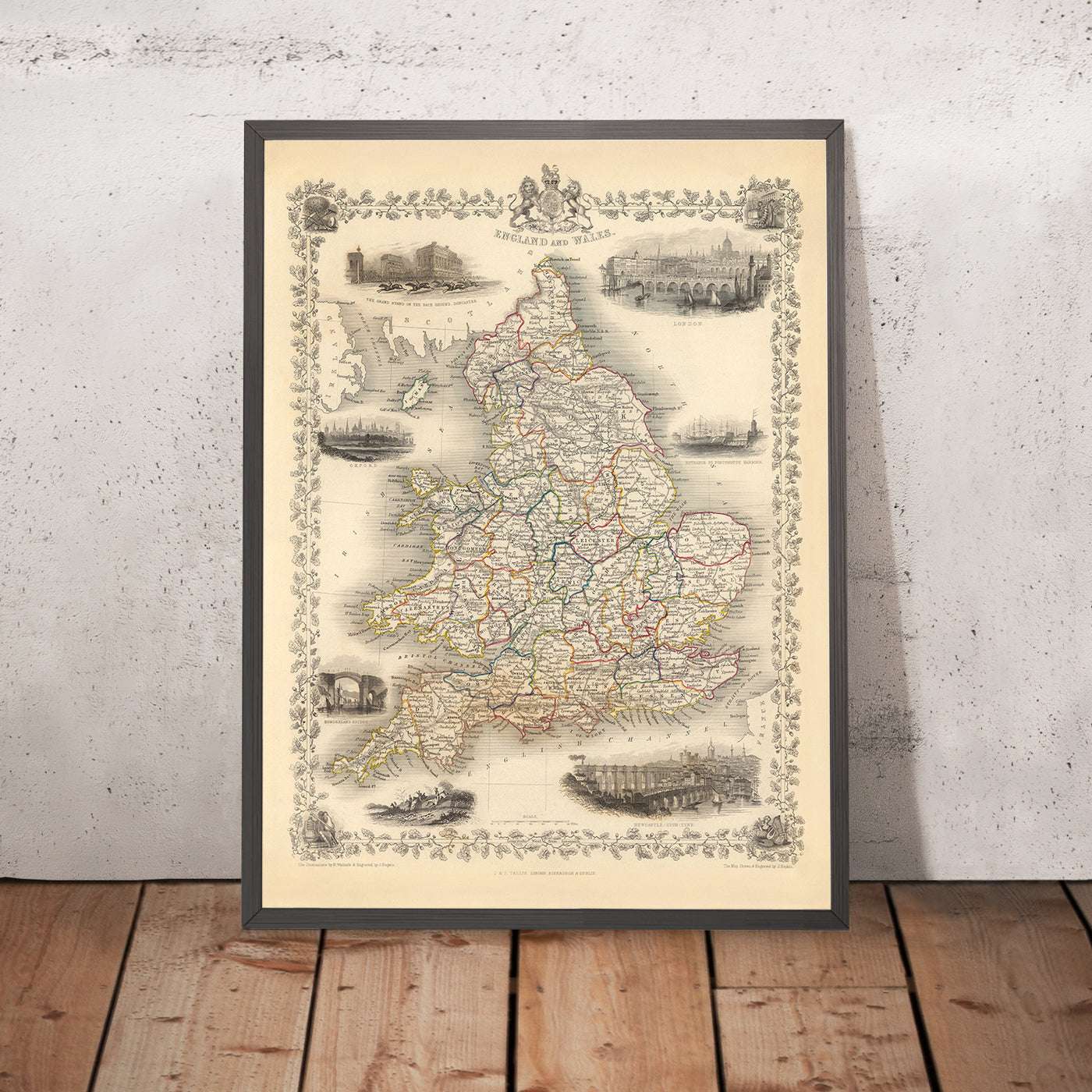 Old Map of England & Wales by Tallis, 1851: Railways, Landmarks, Illustrations