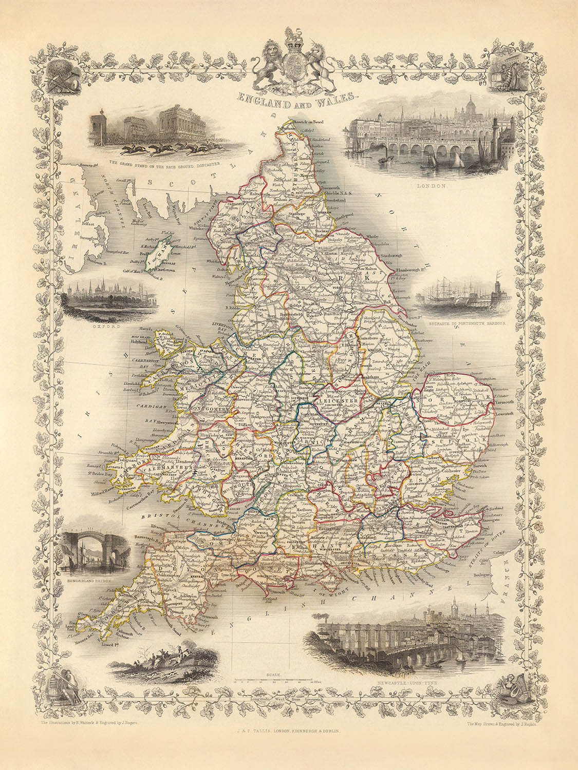 Ancienne carte de l'Angleterre et du Pays de Galles par Tallis, 1851 : Londres, Oxford, Doncaster, Portsmouth, Newcastle