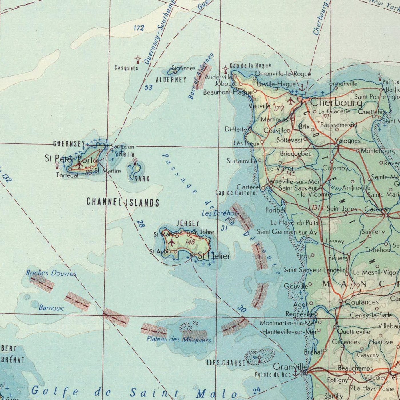 Mapa antiguo del Canal de la Mancha (La Manche), 1967: Sur de Inglaterra, Noroeste de Francia, Rutas Marítimas, Islas del Canal 