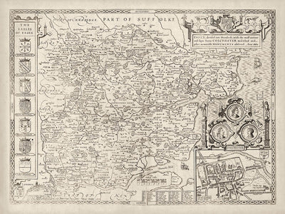 Old Map of Essex in 1611 by John Speed - Southend, Colchester, Chelmsford, Basildon