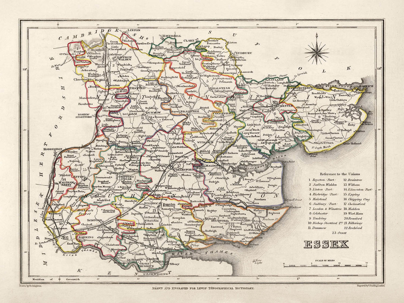 Old Map of Essex, 1844 by Samuel Lewis - Great Eastern Railway, ECR, Chelmsford, Colchester