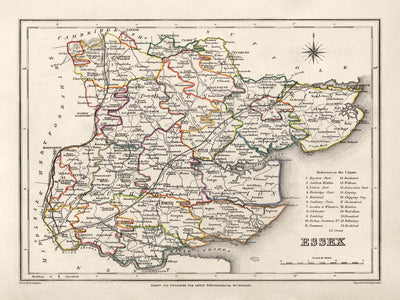 Old Map of Essex, 1844 by Samuel Lewis - Great Eastern Railway, ECR, Chelmsford, Colchester
