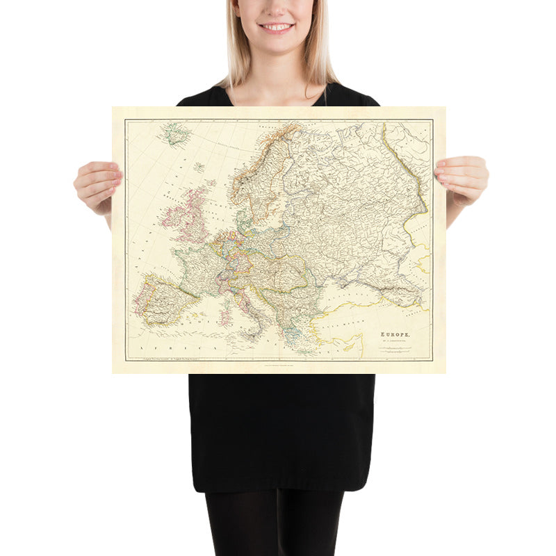 Alte Europakarte von Arrowsmith, 1840: Politische Landschaft der Mitte des 19. Jahrhunderts, detaillierte physische Topographie und Reflexion geopolitischer Grenzen