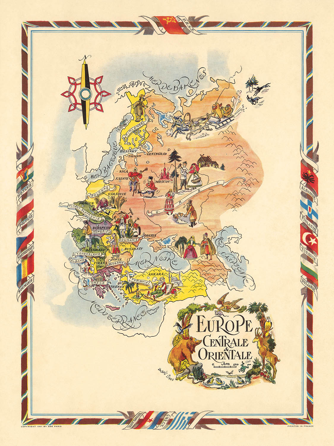 Old Pictorial Map of Central and Eastern Europe by Liozu, 1951: Post-WWII, USSR, Turkey