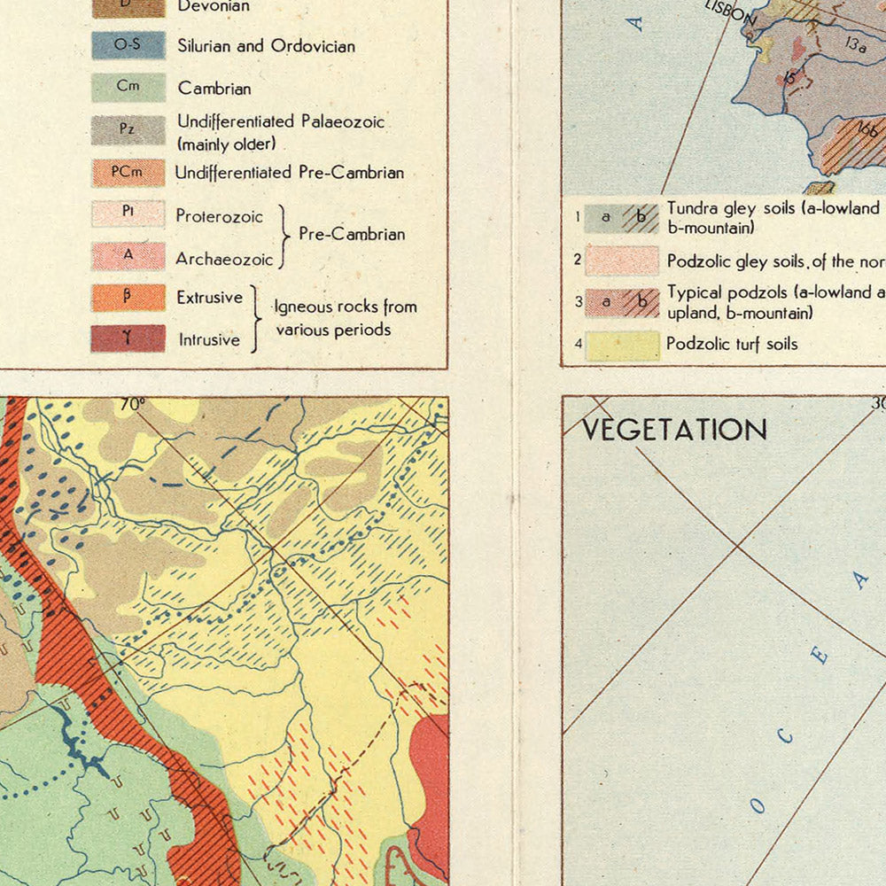 Old Infographic Map of European Geology, 1967: Geomorphology, Soils, Vegetation