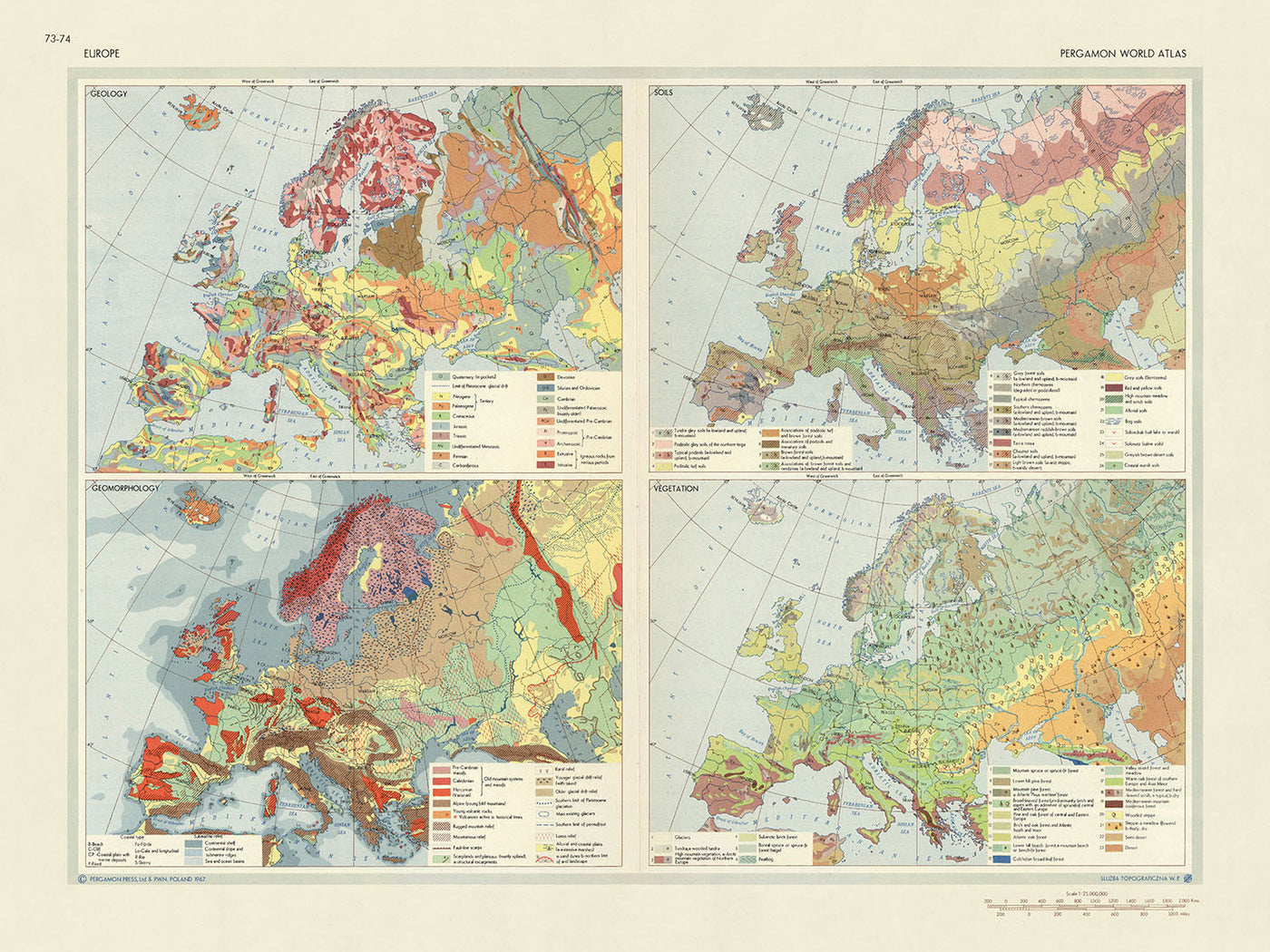 Old Infographic Map of European Geology, 1967: Geomorphology, Soils, Vegetation
