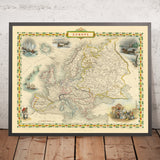 Ancienne carte de l'Europe par John Tallis, 1851 : chasse aux phoques, chameaux, marché aux esclaves, etc. 