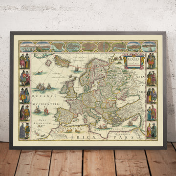 Antigua Mapa de Europa por Willem Blaeu, 1630: Obra Maestra Holandesa, Ilustraciones Culturales, Elementos Míticos 