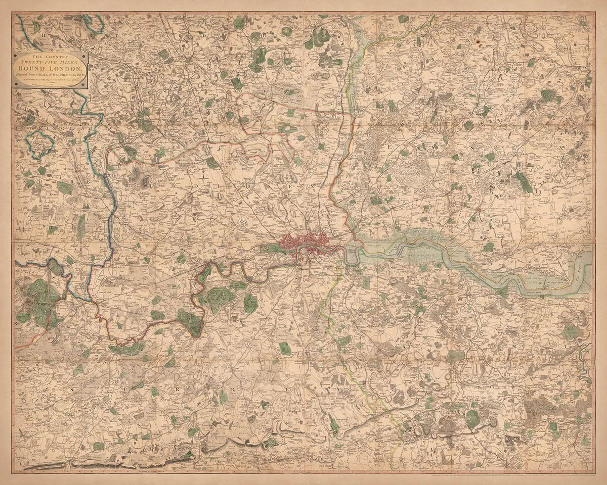 Alte Karte von London und den Vororten (25 Meilen) im Jahr 1790, von W. Faden - Kent, Sussex, Surrey, Essex, Middlesex, Hertfordshire 