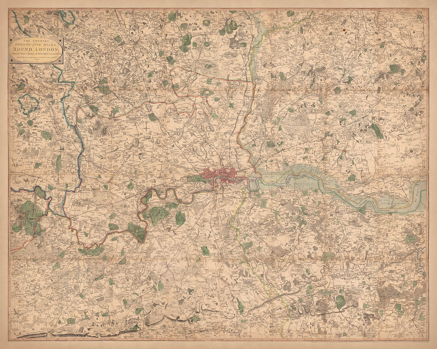 Old Map of London and Suburbs (25 miles) in 1790, by W. Faden - Kent, Sussex, Surrey, Essex, Middlesex, Hertfordshire