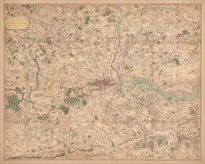 Old Map of London and Suburbs (25 miles) in 1790, by W. Faden - Kent, Sussex, Surrey, Essex, Middlesex, Hertfordshire